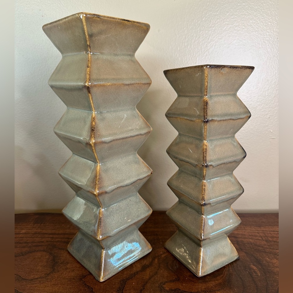 Two Green/Brown Napco Zig Zag Ceramic Vases